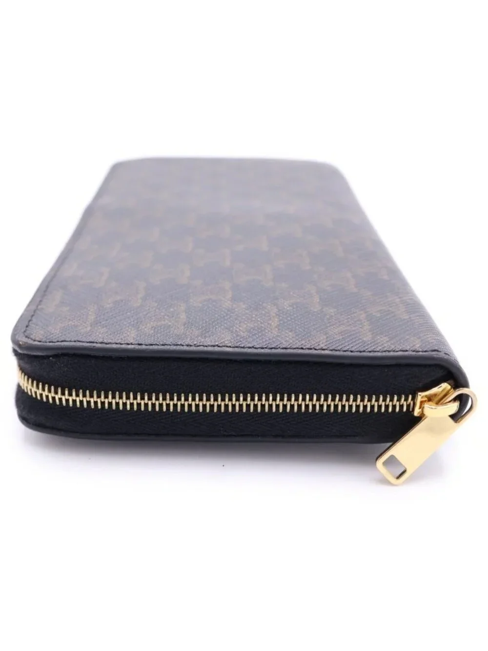 Celine Triomphe Zip Around Wallet Card Case Black Leather Gold